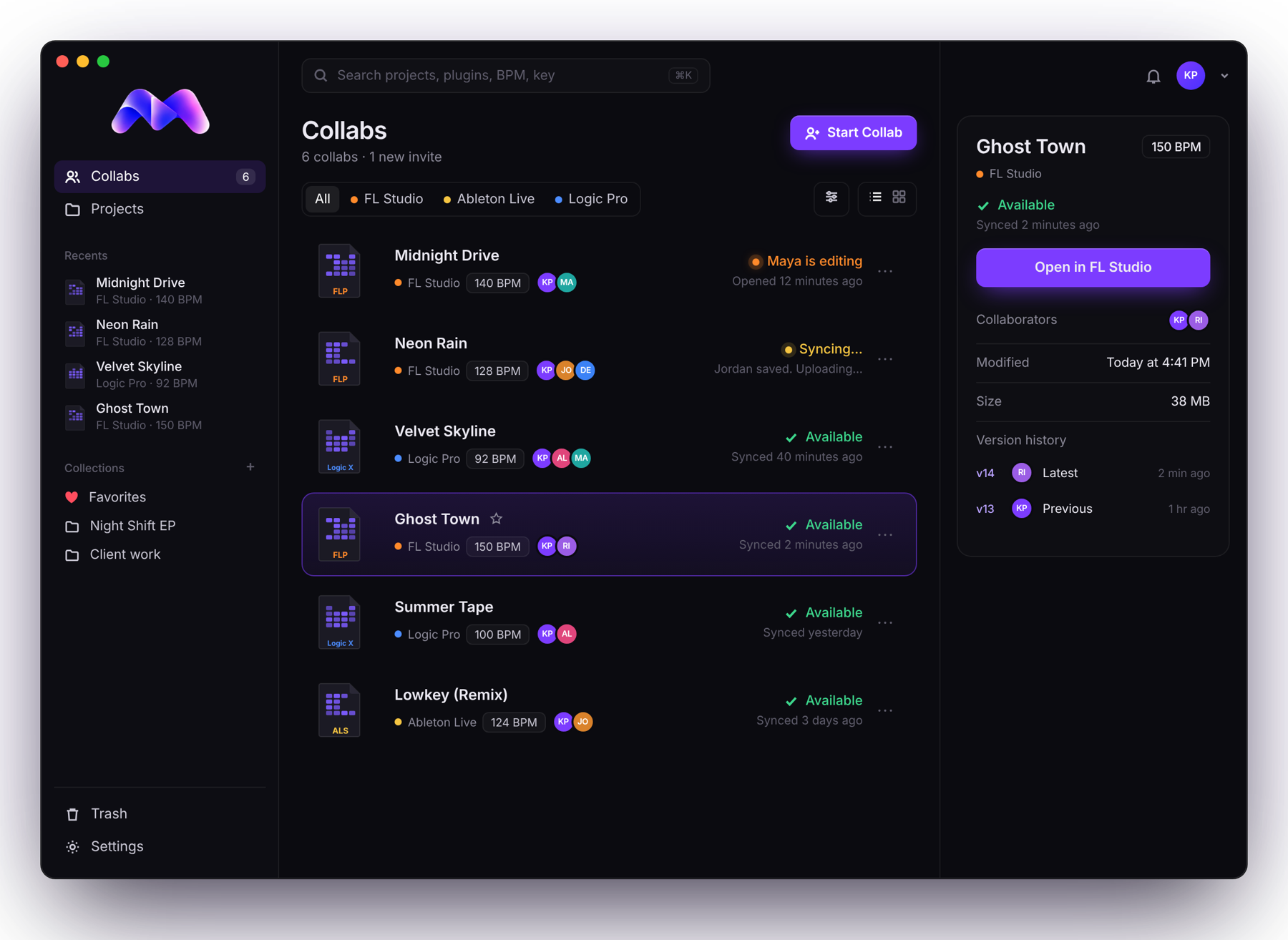 Mixa showing six collabs: one being edited by Maya, one syncing, the rest available